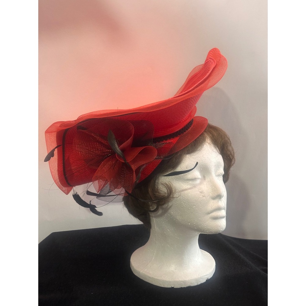 Red Sinamay‎ Wide Brim Fascinator Hat Black Feather Derby Wedding red hat club